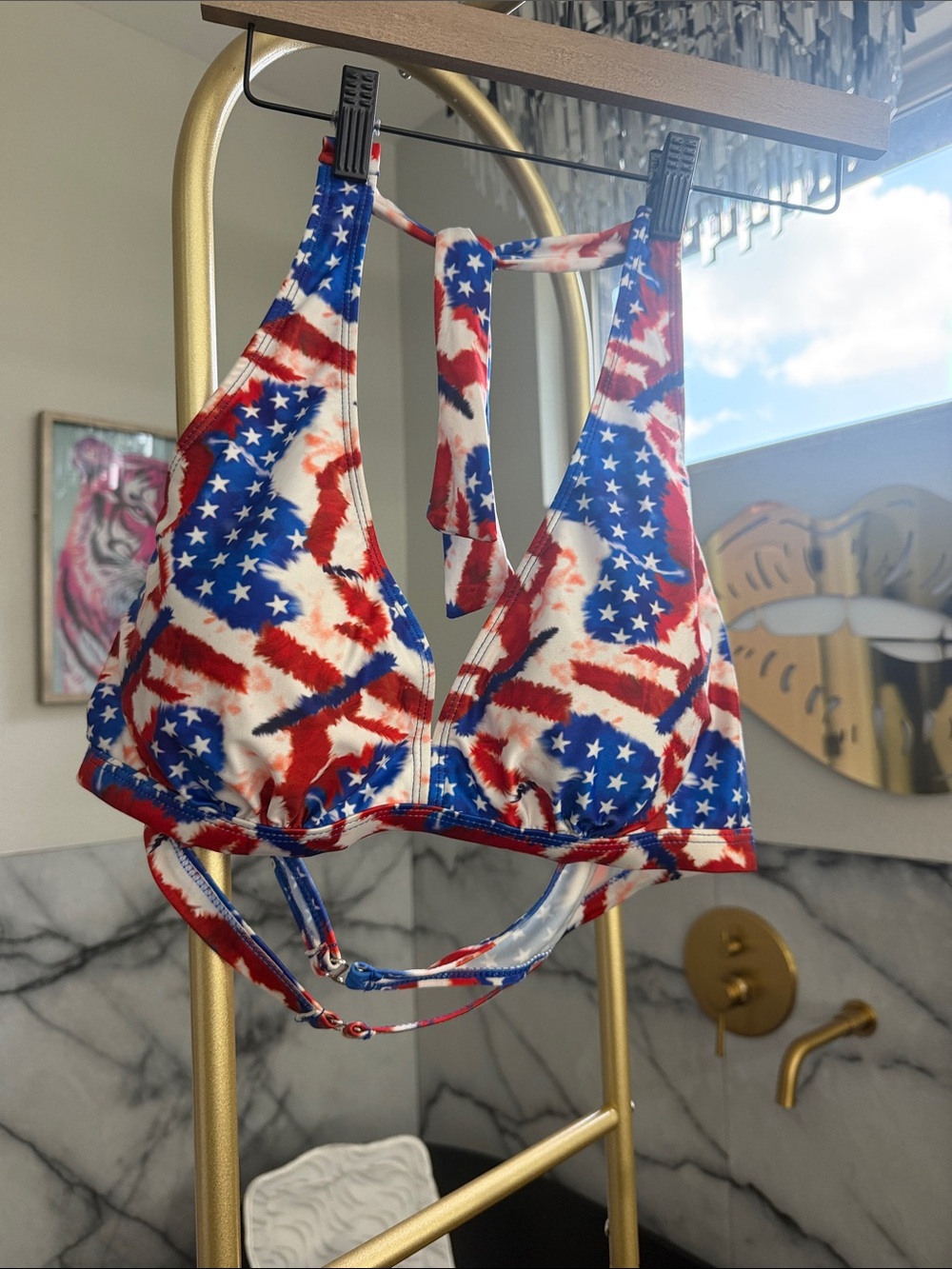 Patriotic Red, White & Blue Star Print Bikini Top